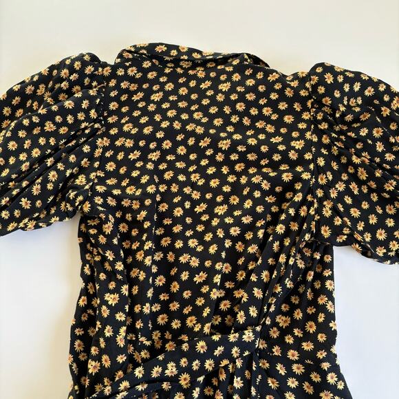 We Wore What Black Ditsy Daisy Yellow Floral Puff Sleeve Wrap Mini Dress Medium - Picture 7 of 7